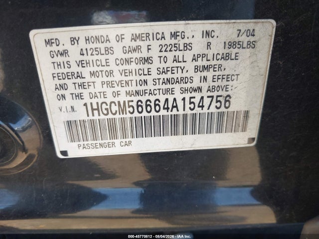 45770812 :رقم المزاد ، 1HGCM56664A154756 vin ، 2004 Honda Accord 2.4 Ex مزاد بيع