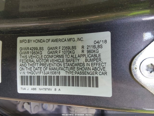 Продаж на аукціоні авто 2018 Honda Accord Lx, vin: 1HGCV1F13JA153618, номер лоту: 45770814
