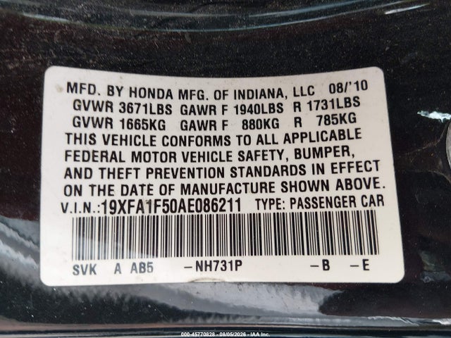 45770828 :رقم المزاد ، 19XFA1F50AE086211 vin ، 2010 Honda Civic Lx مزاد بيع
