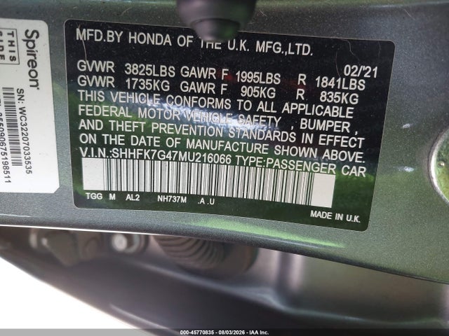 2021 Honda Civic Sport მანქანა იყიდება აუქციონზე, vin: SHHFK7G47MU216066, აუქციონის ნომერი: 45770835