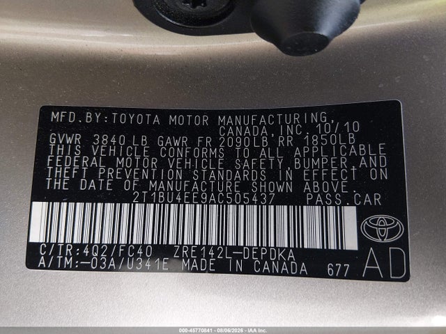 45770841 :رقم المزاد ، 2T1BU4EE9AC505437 vin ، 2010 Toyota Corolla Le مزاد بيع