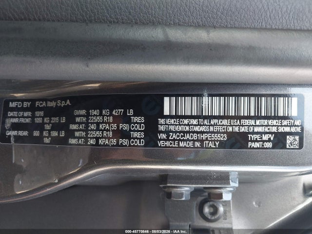 Aukcja sprzedaży 2017 Jeep Renegade Limited, vin: ZACCJADB1HPE55523, numer aukcji: 45770846