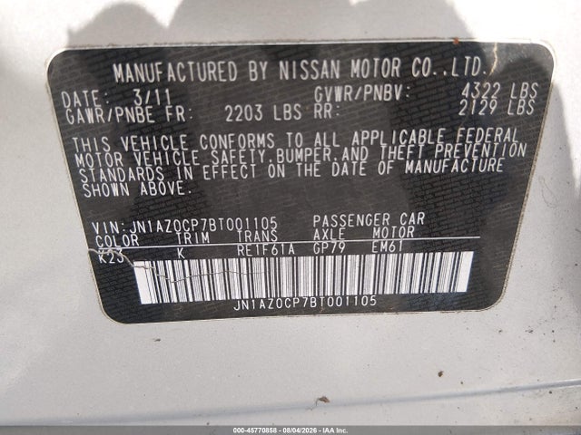45770858 :رقم المزاد ، JN1AZ0CP7BT001105 vin ، 2011 Nissan Leaf Sl مزاد بيع