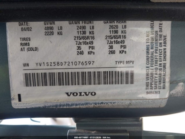 45770861 :رقم المزاد ، YV1SZ58D721076597 vin ، 2002 Volvo V70 Xc مزاد بيع