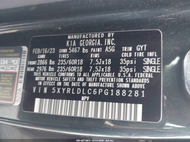 Продаж на аукціоні авто 2023 Kia Sorento X-line S, vin: 5XYRLDLC6PG188281, номер лоту: 45770872