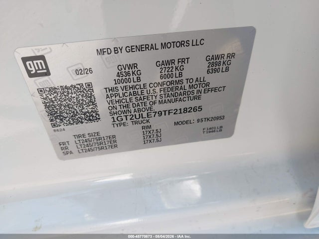 45770873 :رقم المزاد ، 1GT2ULE79TF218265 vin ، 2026 Gmc Sierra 2500 Hd , Long Bed, Pro, Rwd مزاد بيع