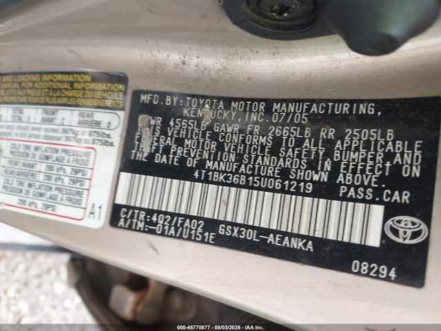 45770877 :رقم المزاد ، 4T1BK36B15U061219 vin ، 2005 Toyota Avalon Xl مزاد بيع