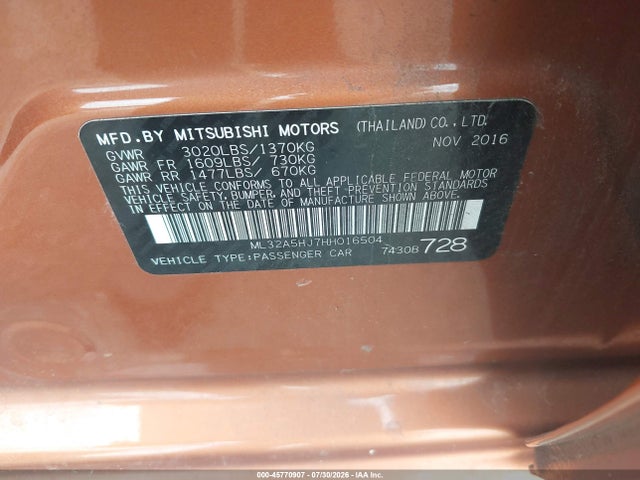 Продажа на аукционе авто 2017 Mitsubishi Mirage Gt, vin: ML32A5HJ7HH016504, номер лота: 45770907