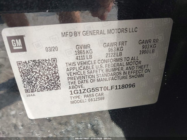 2020 Chevrolet Malibu Fwd Rs მანქანა იყიდება აუქციონზე, vin: 1G1ZG5ST0LF118096, აუქციონის ნომერი: 45770937