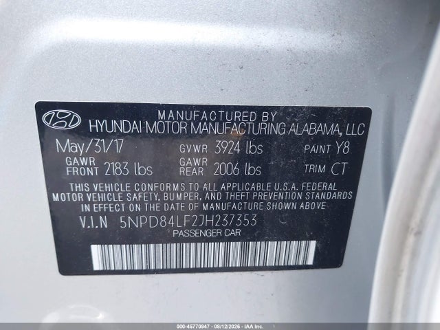 45770947 :رقم المزاد ، 5NPD84LF2JH237353 vin ، 2018 Hyundai Elantra Sel مزاد بيع