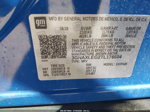 45770954 :رقم المزاد ، 3GNAXLEG2TL176604 vin ، 2026 Chevrolet Equinox Fwd Rs مزاد بيع