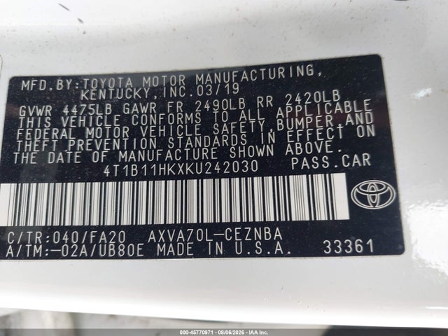 Продаж на аукціоні авто 2019 Toyota Camry Le, vin: 4T1B11HKXKU242030, номер лоту: 45770971