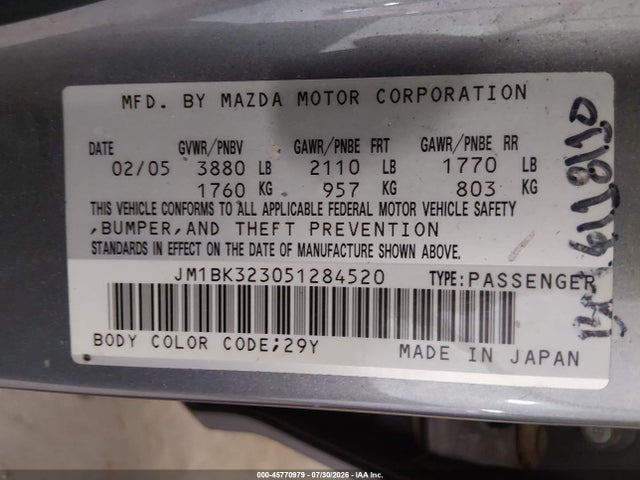 Aukcja sprzedaży 2005 Mazda Mazda3 S, vin: JM1BK323051284520, numer aukcji: 45770979