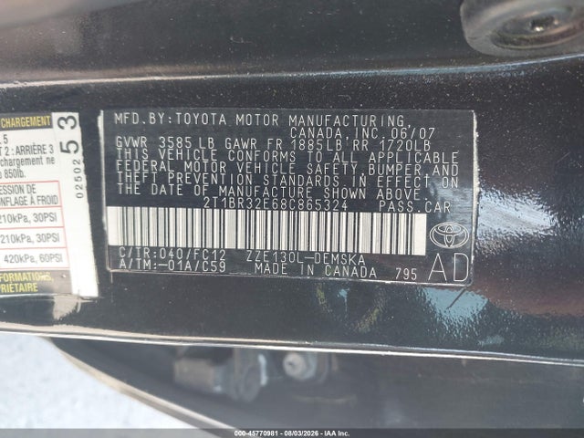 Aukcja sprzedaży 2008 Toyota Corolla S, vin: 2T1BR32E68C865324, numer aukcji: 45770981