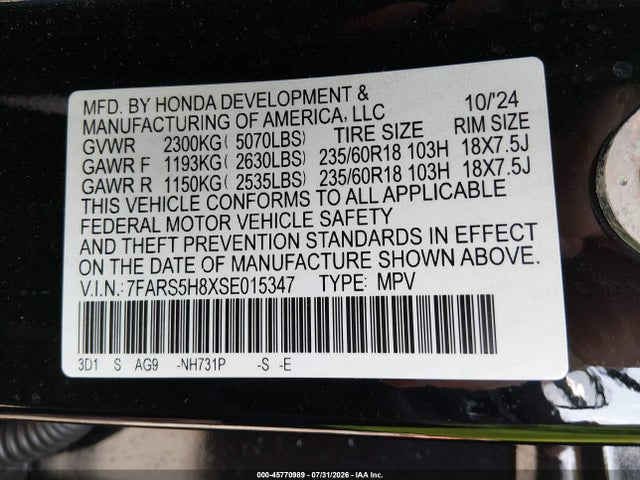 Продаж на аукціоні авто 2025 Honda Cr-v Hybrid Sport-l, vin: 7FARS5H8XSE015347, номер лоту: 45770989