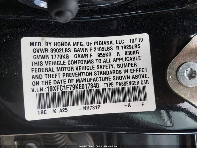 45771007 :رقم المزاد ، 19XFC1F79KE017840 vin ، 2019 Honda Civic Ex-l مزاد بيع