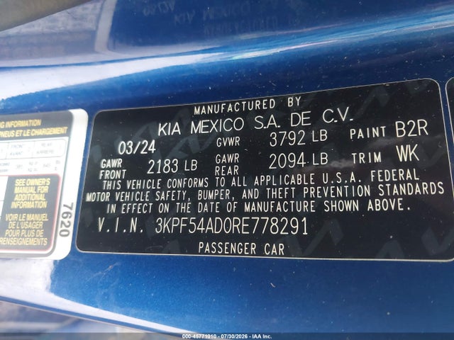 Aukcja sprzedaży 2024 Kia Forte Gt-line, vin: 3KPF54AD0RE778291, numer aukcji: 45771010
