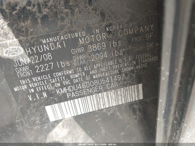 45771018 :رقم المزاد ، KMHDU46D08U541492 vin ، 2008 Hyundai Elantra Gls/se مزاد بيع