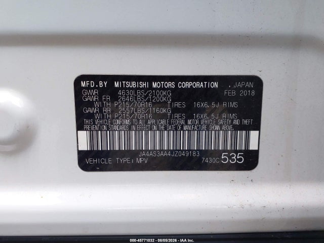 2018 Mitsubishi Eclipse Cross Es მანქანა იყიდება აუქციონზე, vin: JA4AS3AA4JZ049183, აუქციონის ნომერი: 45771032