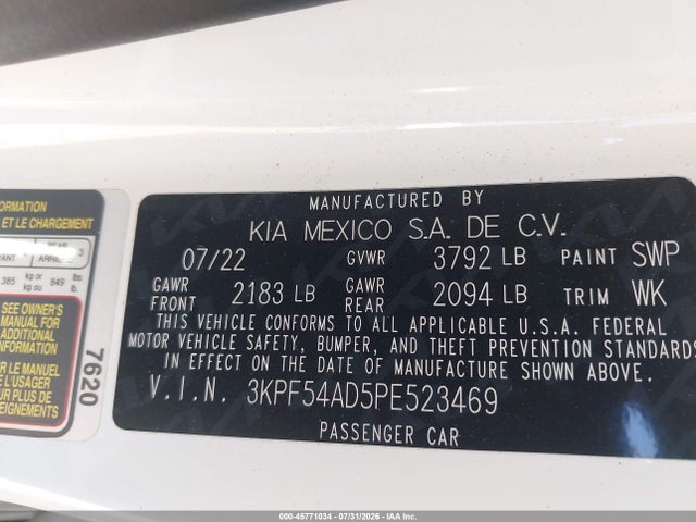 2023 Kia Forte Gt-line მანქანა იყიდება აუქციონზე, vin: 3KPF54AD5PE523469, აუქციონის ნომერი: 45771034