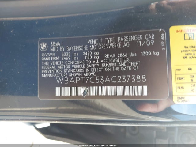 Продажа на аукционе авто 2010 Bmw 535i Xdrive, vin: WBAPT7C53AC237388, номер лота: 45771041