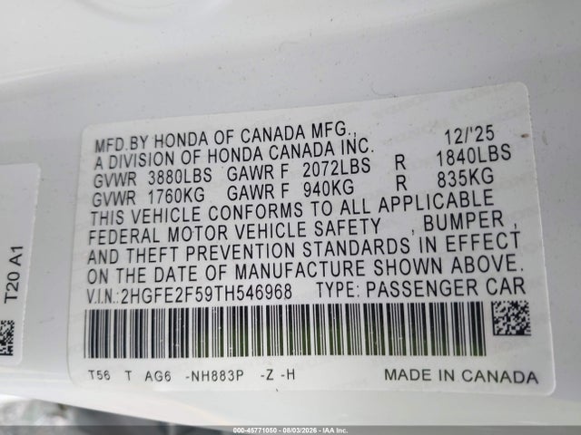 Продаж на аукціоні авто 2026 Honda Civic Sport, vin: 2HGFE2F59TH546968, номер лоту: 45771050
