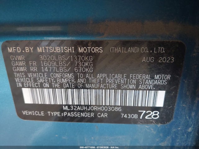 Aukcja sprzedaży 2024 Mitsubishi Mirage Es, vin: ML32AUHJ0RH003086, numer aukcji: 45771056