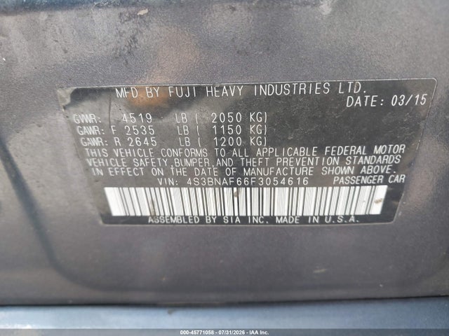 Aukcja sprzedaży 2015 Subaru Legacy 2.5i Premium, vin: 4S3BNAF66F3054616, numer aukcji: 45771058