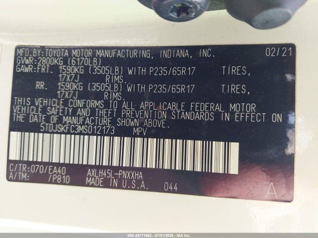 Продажа на аукционе авто 2021 Toyota Sienna Xle, vin: 5TDJSKFC3MS012173, номер лота: 45771062