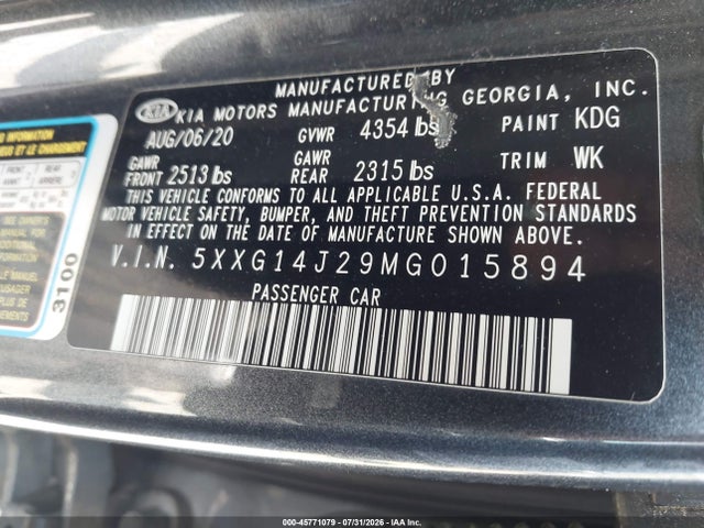 Aukcja sprzedaży 2021 Kia K5 Lxs, vin: 5XXG14J29MG015894, numer aukcji: 45771079