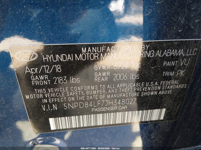 2018 Hyundai Elantra Sel მანქანა იყიდება აუქციონზე, vin: 5NPD84LF7JH348027, აუქციონის ნომერი: 45771095