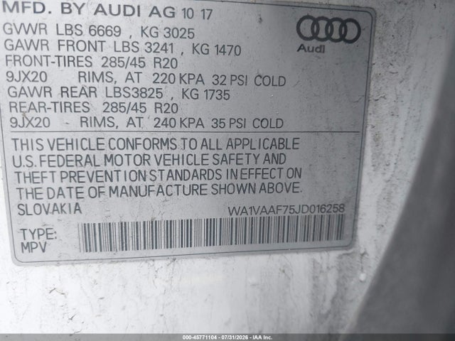 Aukcja sprzedaży 2018 Audi Q7 3.0t Premium, vin: WA1VAAF75JD016258, numer aukcji: 45771104