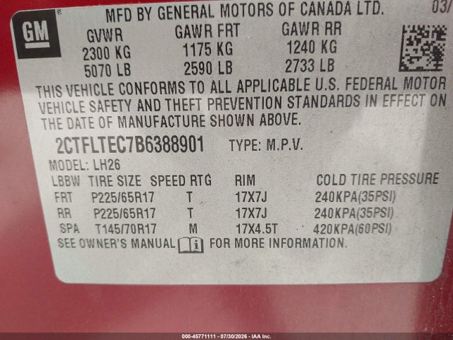 Aukcja sprzedaży 2011 Gmc Terrain Sle-2, vin: 2CTFLTEC7B6388901, numer aukcji: 45771111