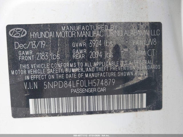 45771112 :رقم المزاد ، 5NPD84LF0LH574879 vin ، 2020 Hyundai Elantra Sel مزاد بيع