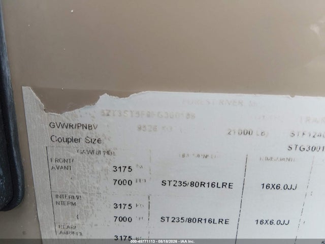 45771113 :رقم المزاد ، 5ZT3ST5F9FG300169 vin ، 2019 Forest River Spartan 1240x Toy Hauler 5th Whl Travel Trailer مزاد بيع