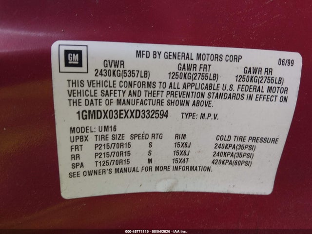 Продаж на аукціоні авто 1999 Pontiac Montana, vin: 1GMDX03EXXD332594, номер лоту: 45771119