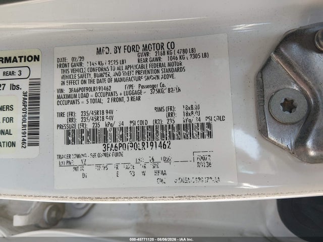 Продажа на аукционе авто 2020 Ford Fusion Se, vin: 3FA6P0T90LR191462, номер лота: 45771120