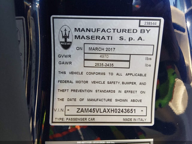 Продажа на аукционе авто 2017 Maserati Granturismo Mc/mc Centennial/sport, vin: ZAM45VLAXH0243651, номер лота: 45771125