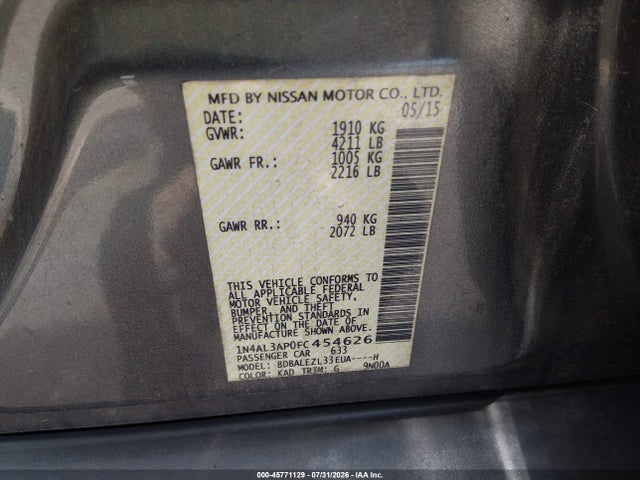 Продажа на аукционе авто 2015 Nissan Altima 2.5 S, vin: 1N4AL3AP0FC454626, номер лота: 45771129