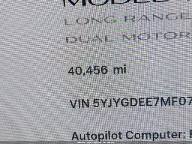 Aukcja sprzedaży 2021 Tesla Model Y Long Range Dual Motor All-wheel Drive, vin: 5YJYGDEE7MF074341, numer aukcji: 45771134