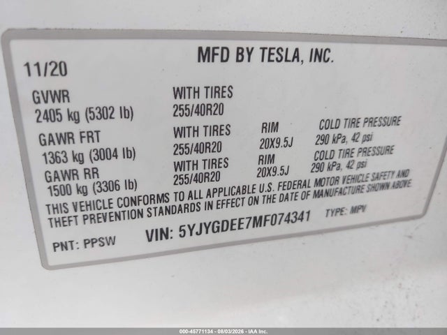 Aukcja sprzedaży 2021 Tesla Model Y Long Range Dual Motor All-wheel Drive, vin: 5YJYGDEE7MF074341, numer aukcji: 45771134
