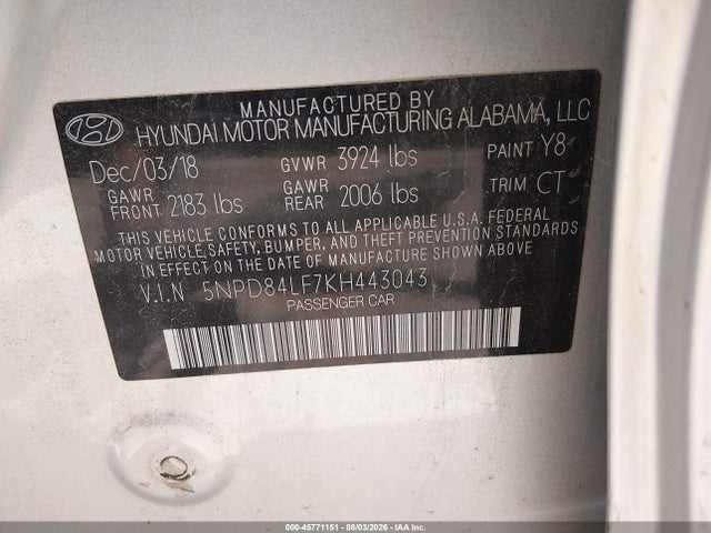 2019 Hyundai Elantra Sel მანქანა იყიდება აუქციონზე, vin: 5NPD84LF7KH443043, აუქციონის ნომერი: 45771151