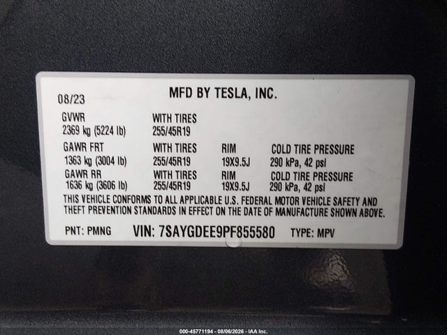 Aukcja sprzedaży 2023 Tesla Model Y, vin: 7SAYGDEE9PF855580, numer aukcji: 45771194