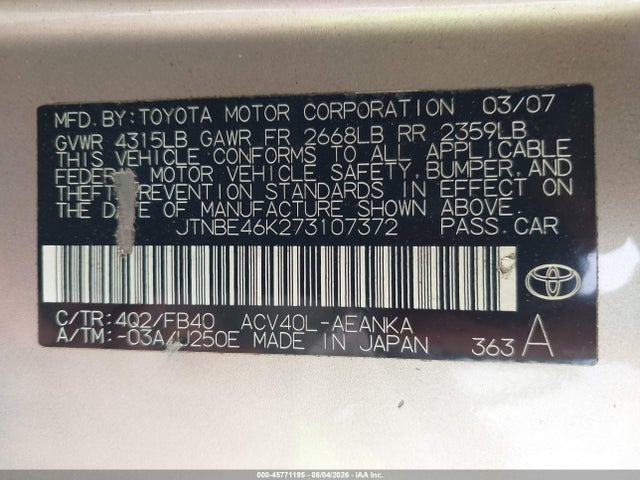 Продаж на аукціоні авто 2007 Toyota Camry Ce/le/se/xle, vin: JTNBE46K273107372, номер лоту: 45771195