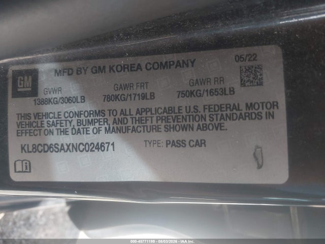 Продажа на аукционе авто 2022 Chevrolet Spark Fwd 1lt Automatic, vin: KL8CD6SAXNC024671, номер лота: 45771199