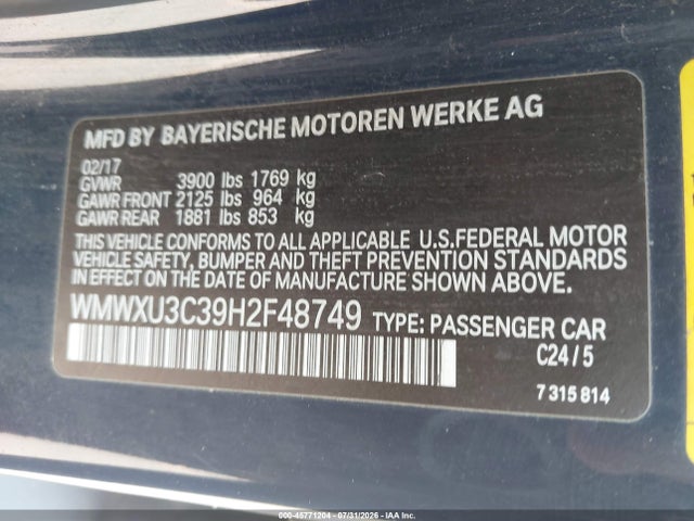 Продаж на аукціоні авто 2017 Mini Hardtop Cooper S, vin: WMWXU3C39H2F48749, номер лоту: 45771204