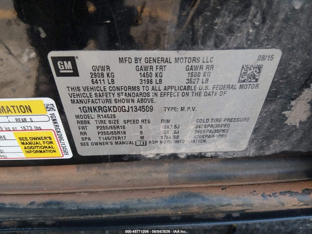 45771206 :رقم المزاد ، 1GNKRGKD0GJ134509 vin ، 2016 Chevrolet Traverse 1lt مزاد بيع