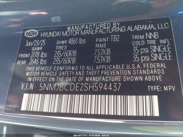 2025 Hyundai Tucson Sel მანქანა იყიდება აუქციონზე, vin: 5NMJBCDE2SH594437, აუქციონის ნომერი: 45771212