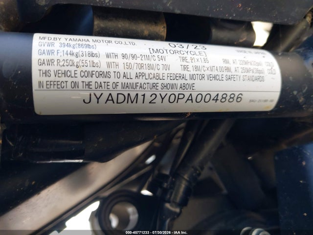 Aukcja sprzedaży 2023 Yamaha Xtz690, vin: JYADM12Y0PA004886, numer aukcji: 45771233