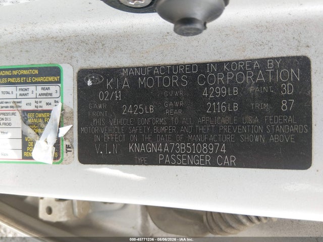 Aukcja sprzedaży 2011 Kia Optima Ex, vin: KNAGN4A73B5108974, numer aukcji: 45771236
